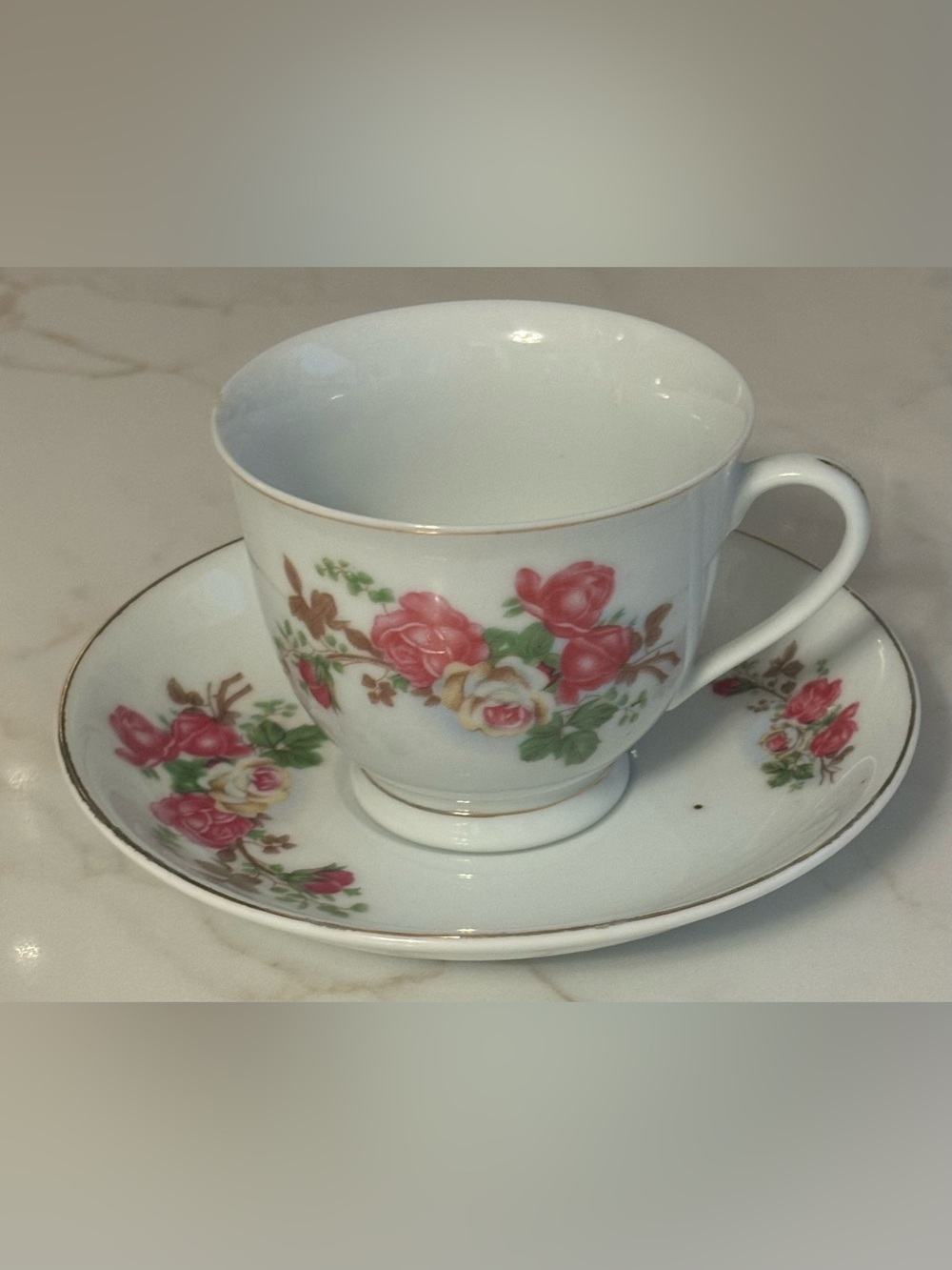 Vintage Teacup and Saucer with Pink Rose Pattern